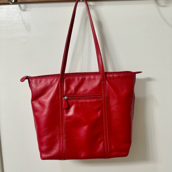 ili New York Genuine Leather Shoulder Tote Handbag Laptop Bag in Red EUC - Picture 7 of 12